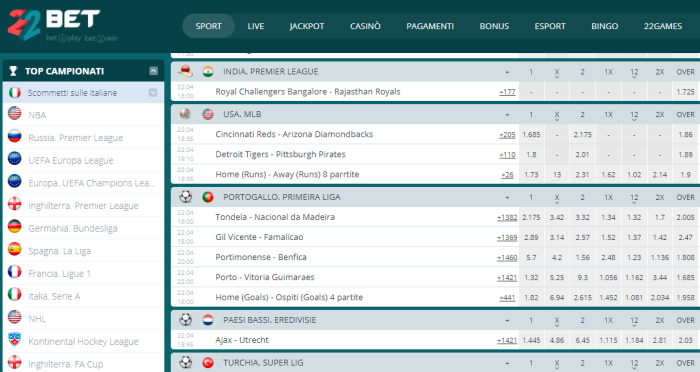 22bet palinsesto scommesse sportive